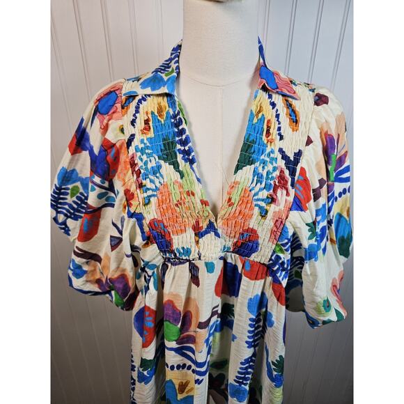 Entro Vibrant Floral Smocked Blouse Women's Size S Bohemian Colorful Party - Picture 2 of 11